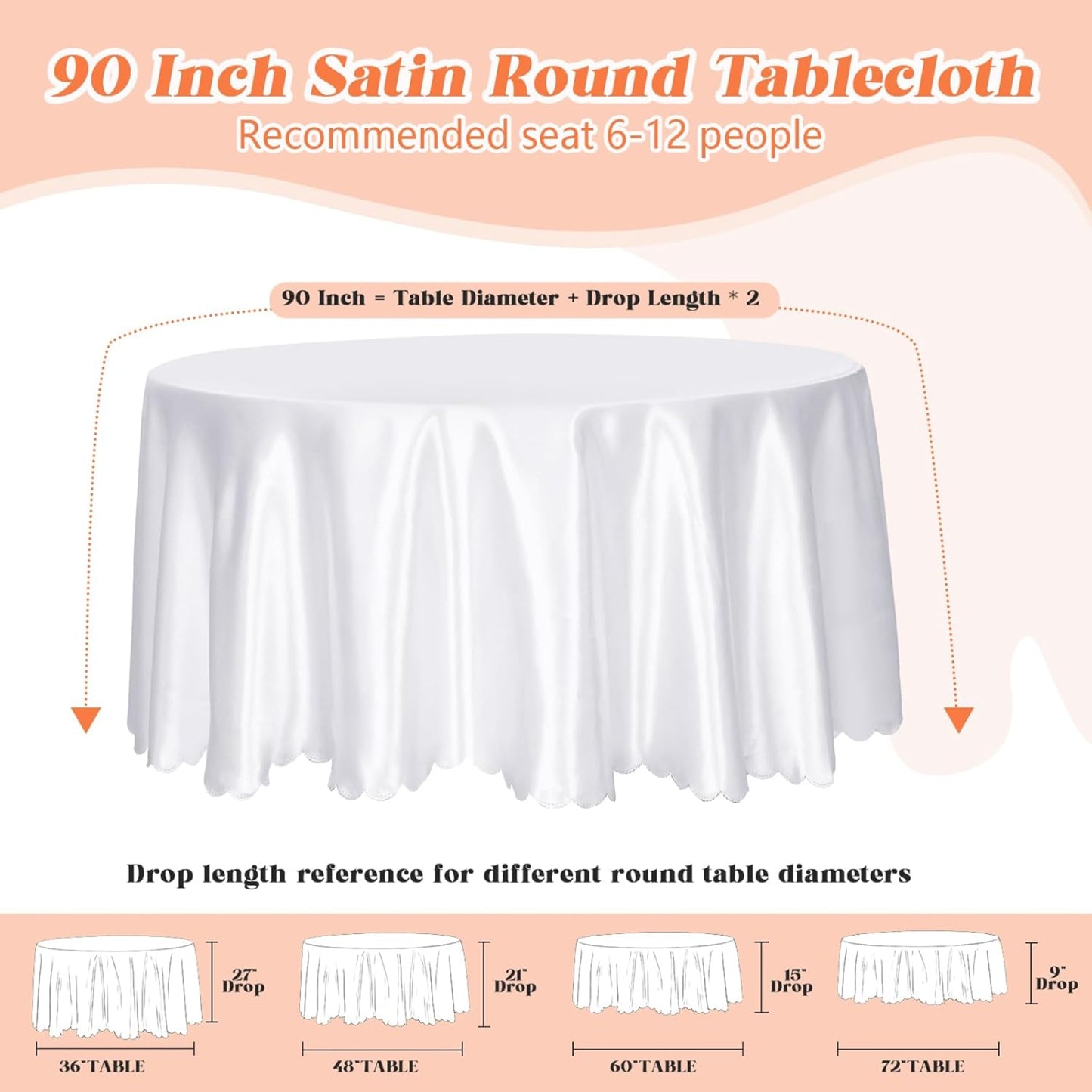 White Scalloped Satin Tablecloth – 90" Round with Silky Satin Finish