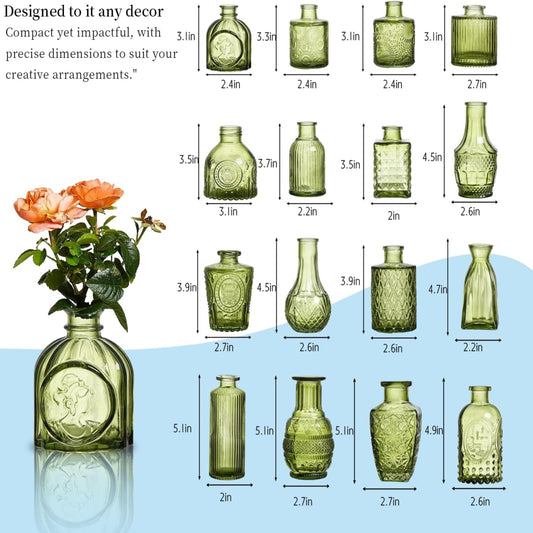 Green Glass Bud Vases - Set of 16
