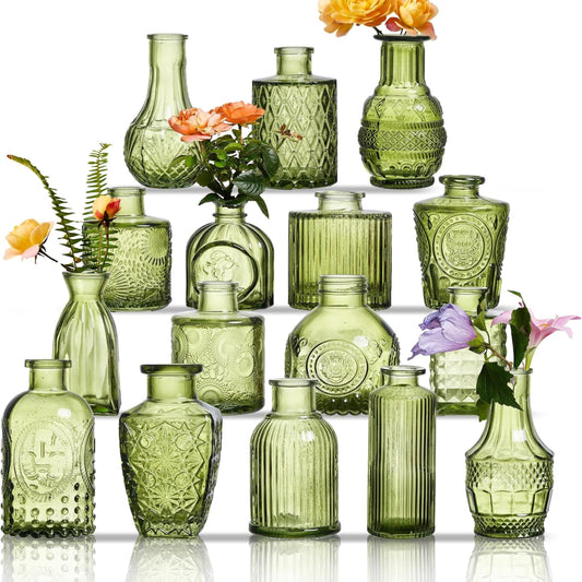 Green Glass Bud Vases - Set of 16