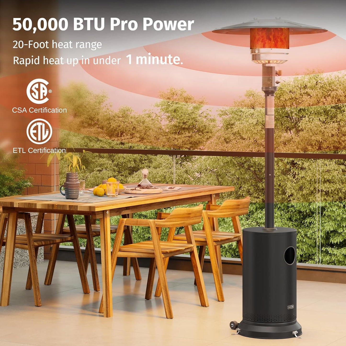 EAST OAK 50,000 BTU Propane Patio Heater with Tabletop & Safety Shut-Off – Black Stainless