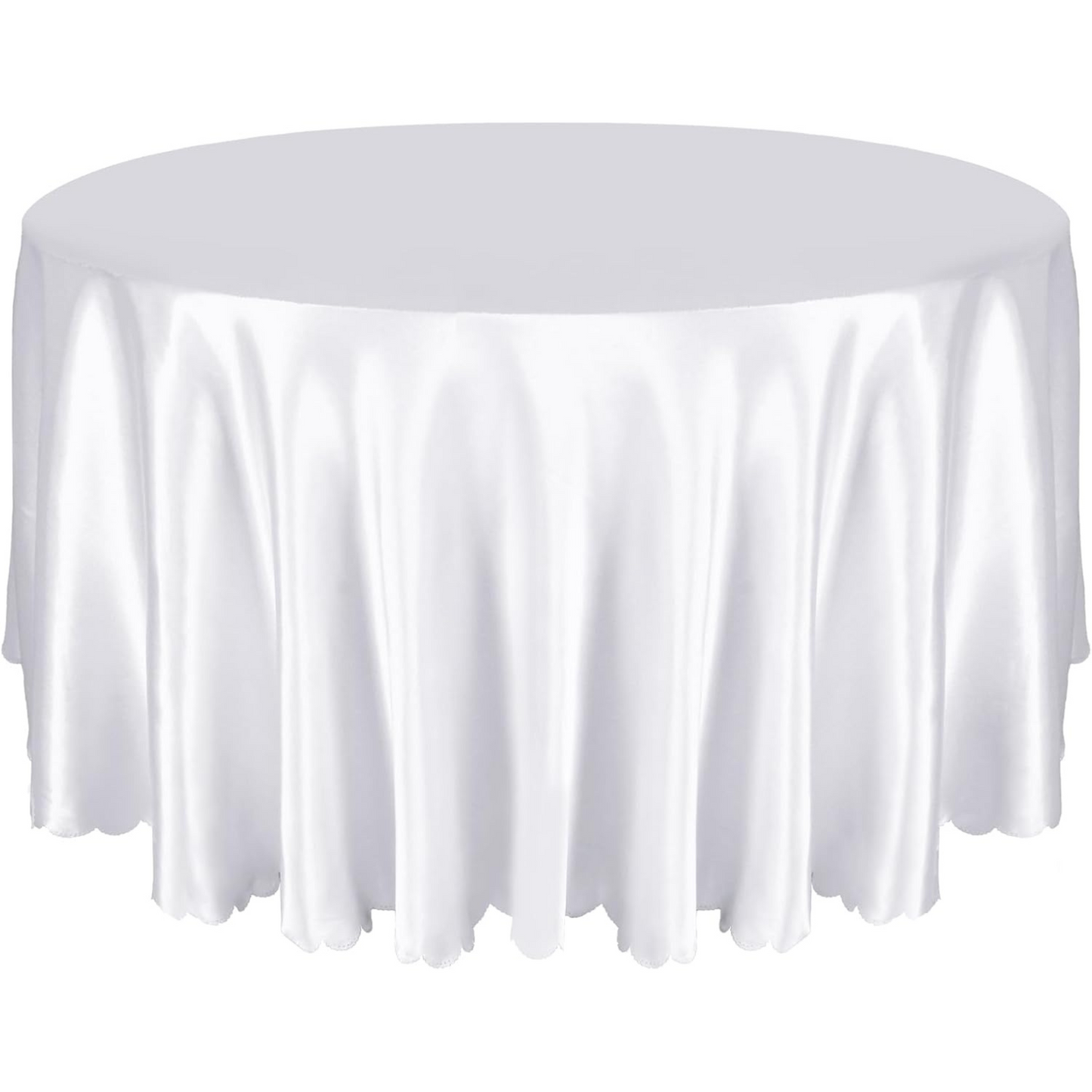 White Scalloped Satin Tablecloth – 90" Round with Silky Satin Finish