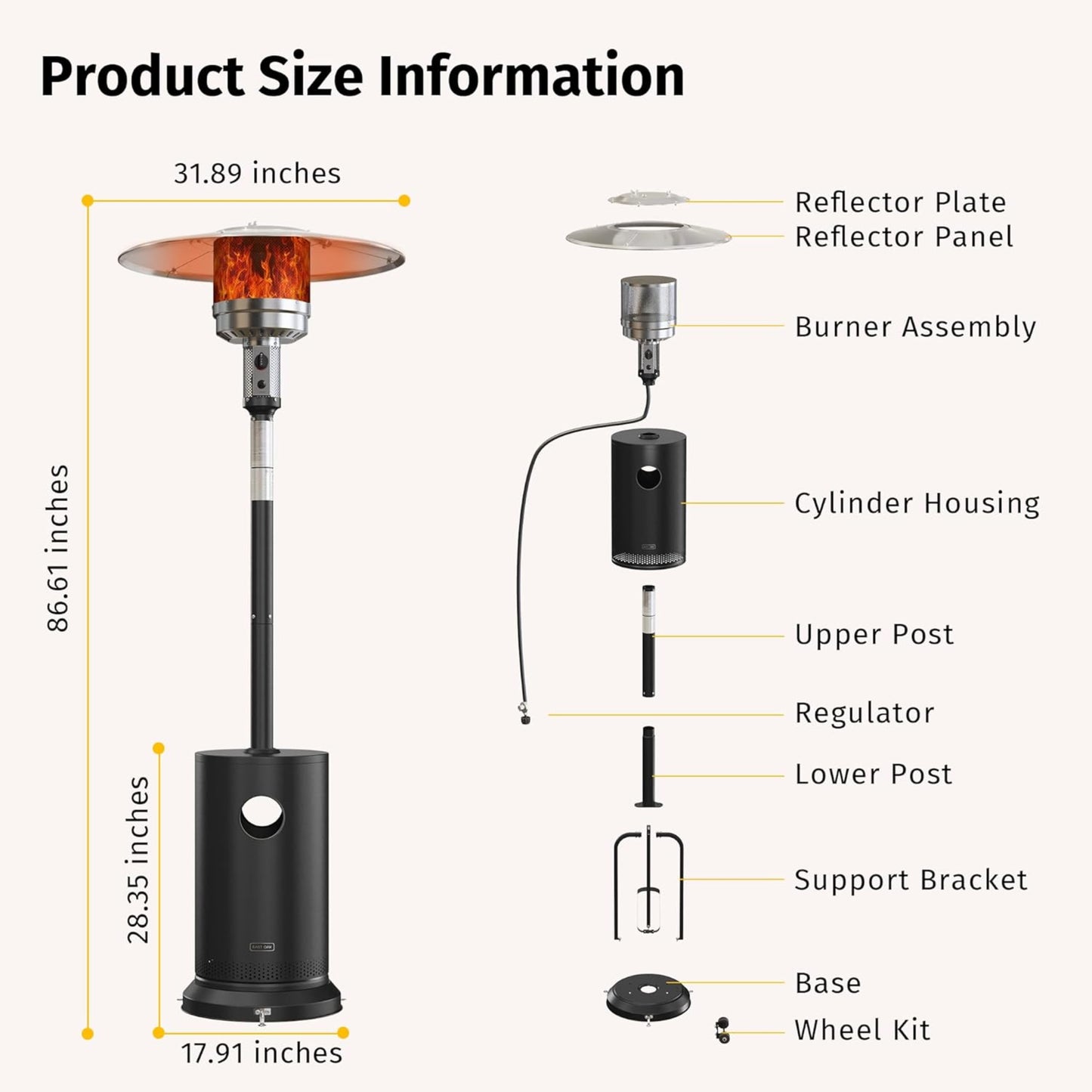 EAST OAK 50,000 BTU Propane Patio Heater with Tabletop & Safety Shut-Off – Black Stainless