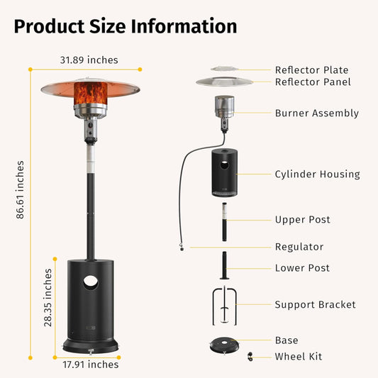 EAST OAK 50,000 BTU Propane Patio Heater with Tabletop & Safety Shut-Off – Black Stainless