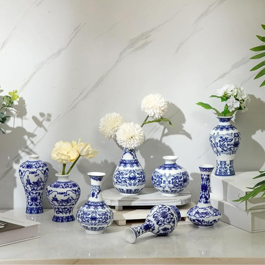 Blue and White Porcelain Bud Vases - Set of 8