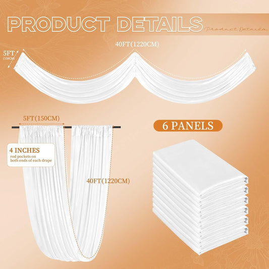 White LONG Ceiling Drapes – 6 Panels (5ft x 40ft) Satin