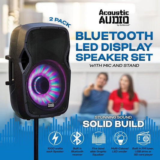 Speaker System 15" 1000-Watt Bluetooth LED (Set of 2)