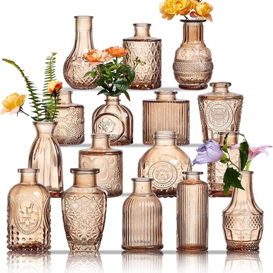Amber Glass Bud Vases - Set of 16