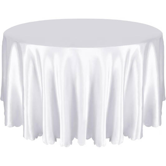 White Scalloped Satin Tablecloth – 90" Round with Silky Satin Finish
